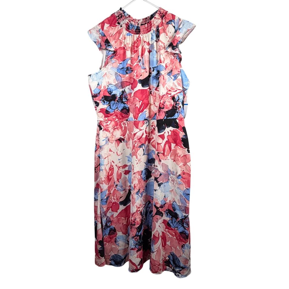 Nina Leonard Midi Dress Women's XL Multicolor Floral Cap Sleeve Lined Zipper NWT